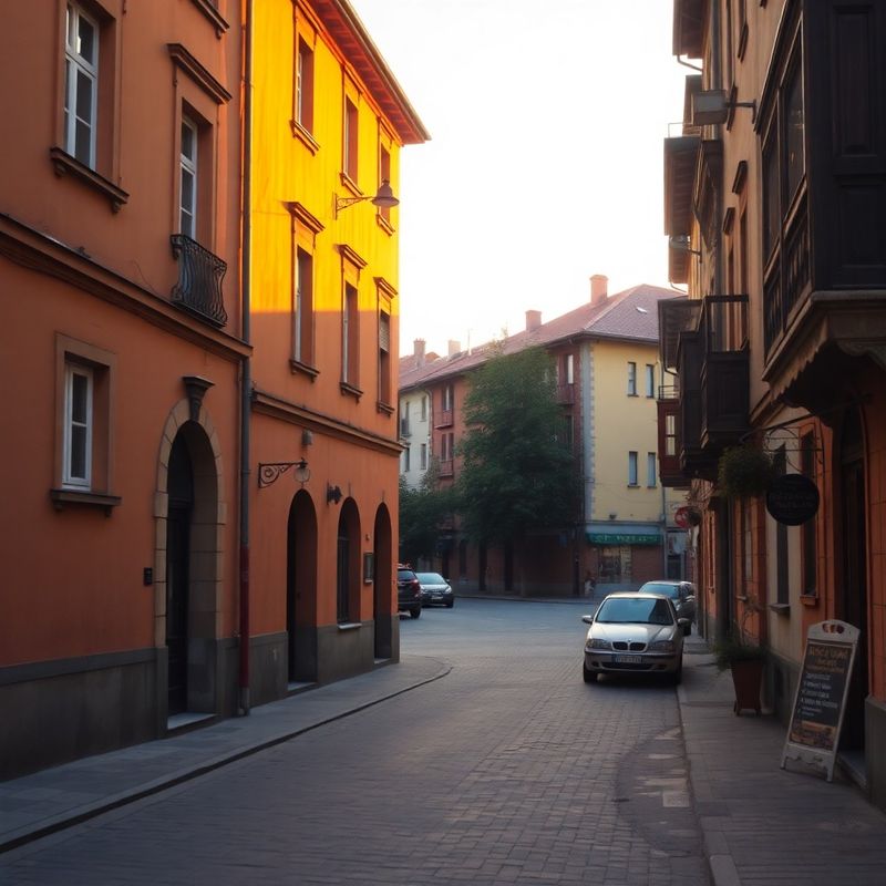 Scenă de stradă în centrul istoric al Timișoarei la apus, cu fațade calde