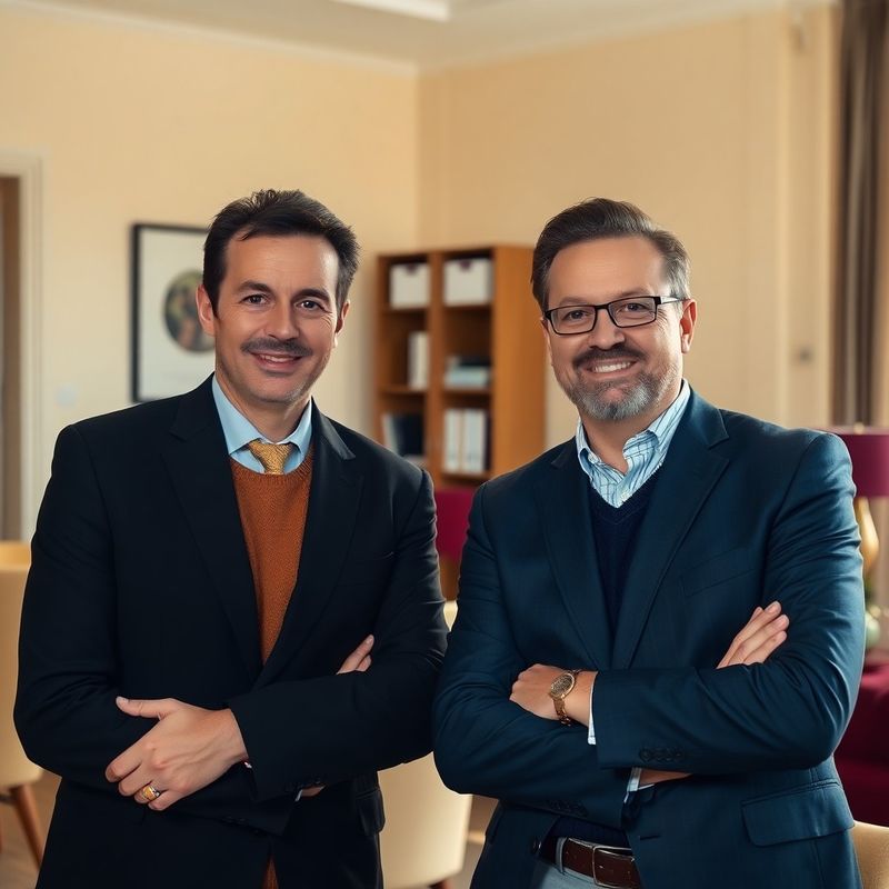 Portret candid al celor doi parteneri într-un birou crem cu detalii burgundiu